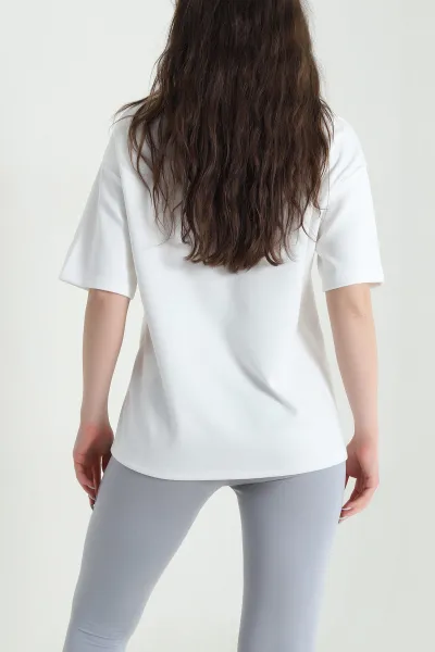 Beyaz Nakışlı Modal Kadın Tişört 449611