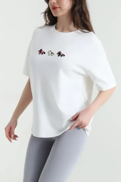 Beyaz Nakışlı Modal Kadın Tişört 449611