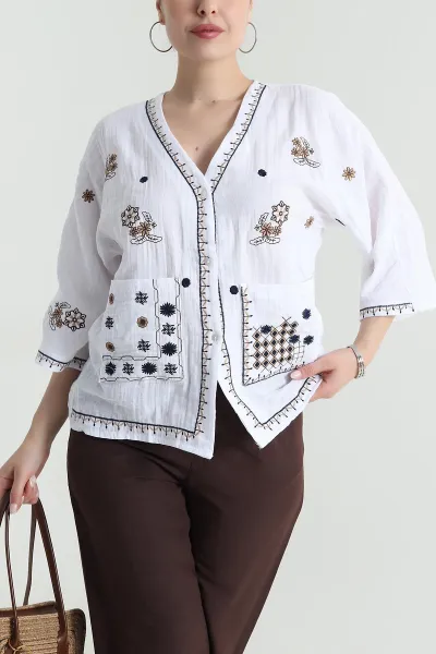 Beyaz Nakışlı Müslin Keten Kadın Hırka 472279