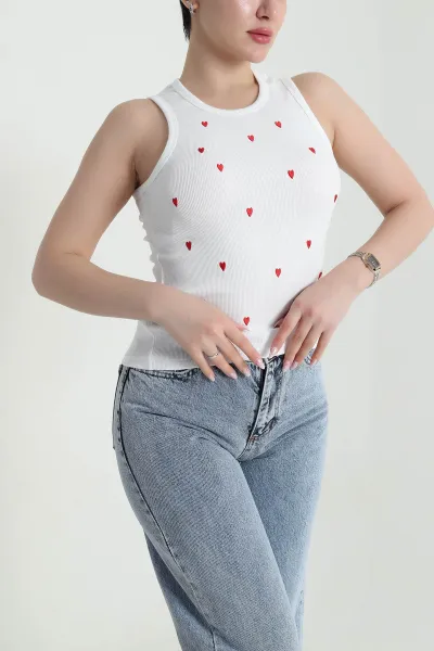 Beyaz Nakışlı Ottoman Kadın Atlet Bluz 460684