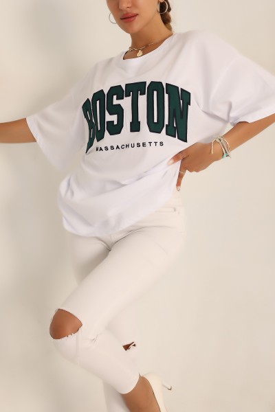 Beyaz Nakışlı Oversize Bayan Tişört 192595