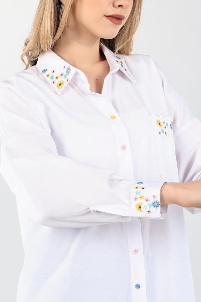 Beyaz Nakışlı Poplin Gömlek Tunik 96455