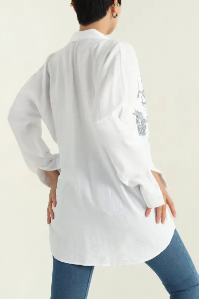 Beyaz Nakışlı Pullu Keten Kadın Gömlek 367644