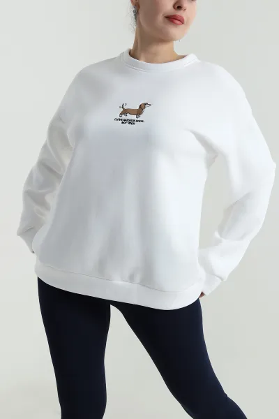 Beyaz Nakışlı Şardonlu Kadın Fermuarsız Sweat 498277