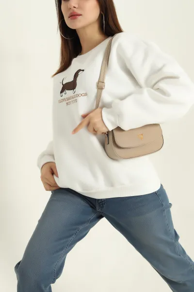 Beyaz Nakışlı Şardonlu Üç İp Bayan Sweat 329634