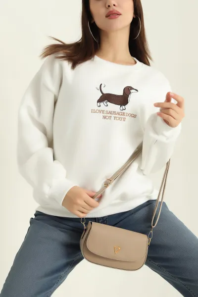 Beyaz Nakışlı Şardonlu Üç İp Bayan Sweat 329634