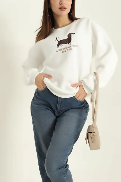 Beyaz Nakışlı Şardonlu Üç İp Bayan Sweat 329634