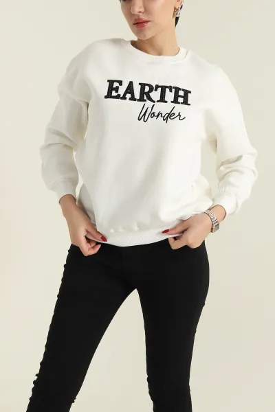 Beyaz Nakışlı Şardonlu Üç İp Kadın Sweat 418321