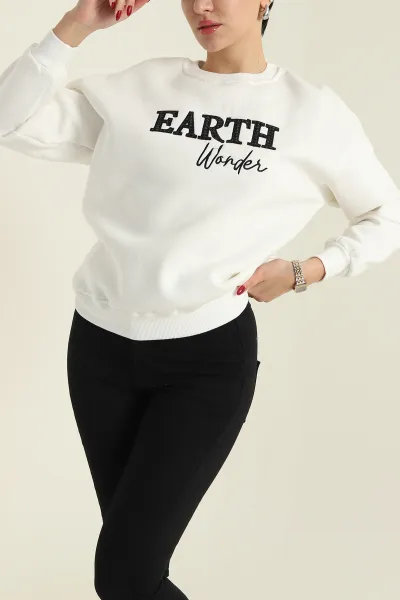 Beyaz Nakışlı Şardonlu Üç İp Kadın Sweat 418321