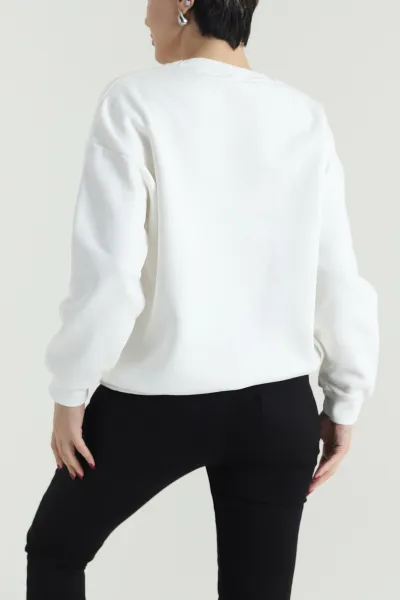 Beyaz Nakışlı Şardonlu Üç İp Kadın Sweat 418346