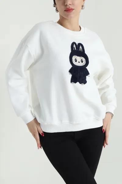 Beyaz Nakışlı Şardonlu Üç İp Kadın Sweat 418346