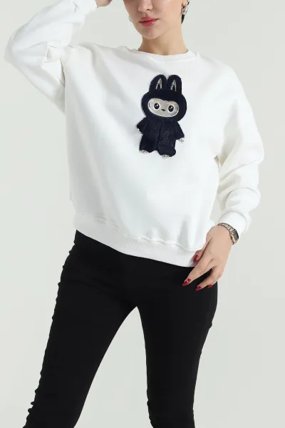 Beyaz Nakışlı Şardonlu Üç İp Kadın Sweat 418346