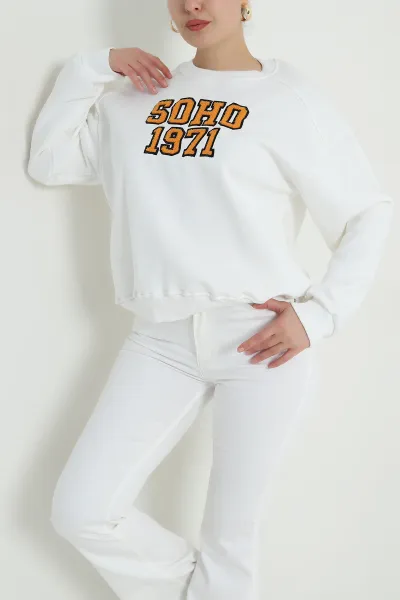 Beyaz Nakışlı Şardonlu Üç İp Kadın Sweat 493603