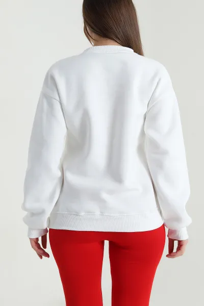 Beyaz Nakışlı Şardonlu Üç İp Kadın Sweat 495059