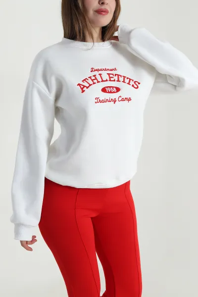 Beyaz Nakışlı Şardonlu Üç İp Kadın Sweat 495059