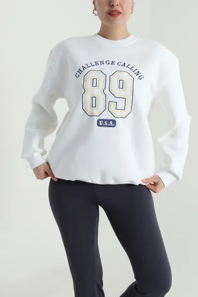 Beyaz Nakışlı Şardonlu Üç İp Kadın Sweat 498791