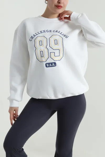 Beyaz Nakışlı Şardonlu Üç İp Kadın Sweat 498791