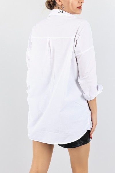 Beyaz Nakışlı Taş İşlemeli Poplin Gömlek Tunik 96461