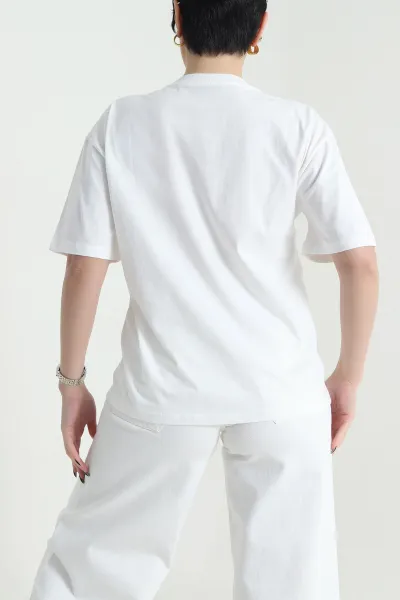 Beyaz Nakışlı Taşlı Süprem Kadın Tişört 452443