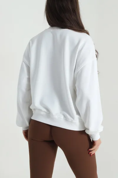 Beyaz Nakışlı Üç İp Kadın Sweat 492465