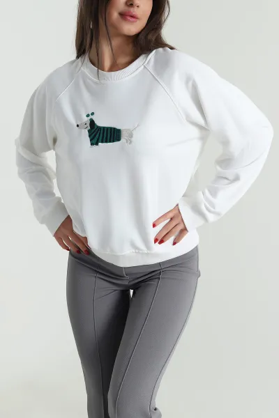 Beyaz Nakışlı Üç İp Kadın Sweat 492597