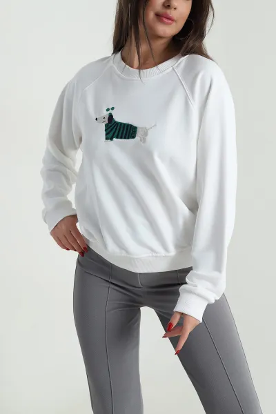 Beyaz Nakışlı Üç İp Kadın Sweat 492597