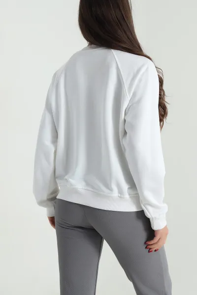 Beyaz Nakışlı Üç İp Kadın Sweat 492597