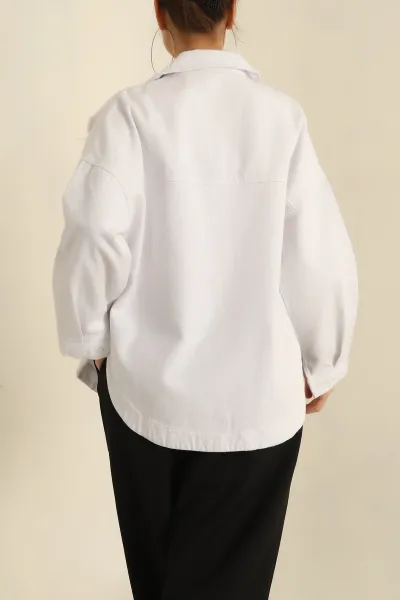 Beyaz Nakışlı Yırtık Kot Gömlek Ceket 251108