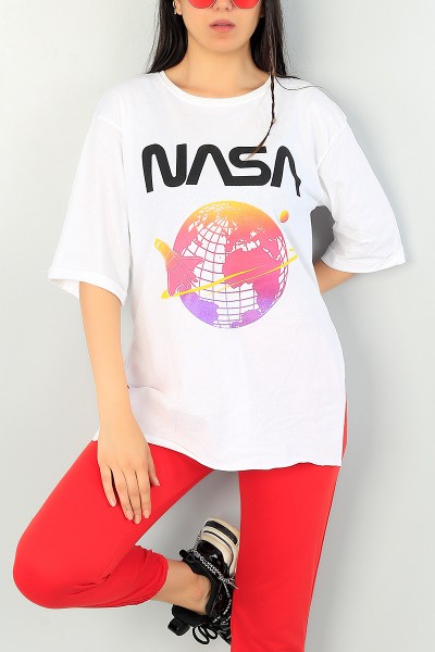 Beyaz Nasa Baskı Bayan Tişört 70474