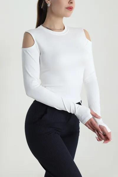 Beyaz Omuz Detay Kadın Modal Bluz 490119