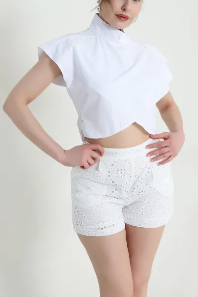 Beyaz Omuz Düğmeli Poplin Kadın Bluz 459766