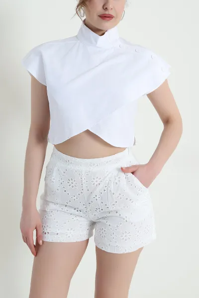 Beyaz Omuz Düğmeli Poplin Kadın Bluz 459766