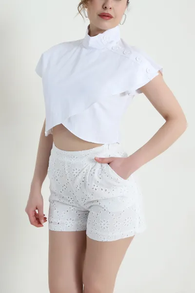 Beyaz Omuz Düğmeli Poplin Kadın Bluz 459766