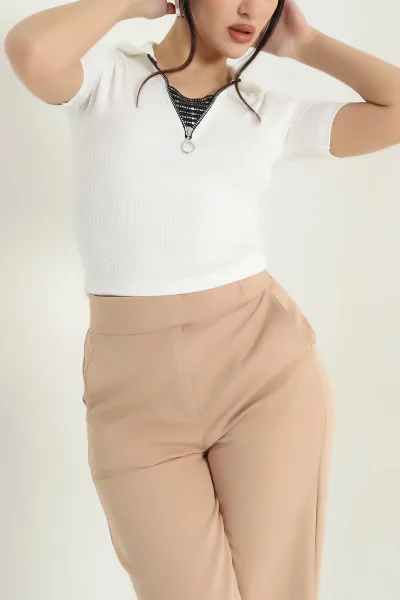 Beyaz Ön Detay Fermuarlı Bluz 340316