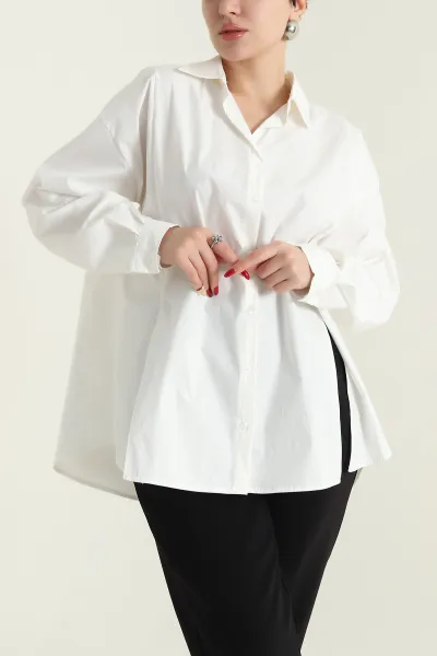 Beyaz Önü Yırtmaçlı Oversize Paper Kadın Gömlek 429893