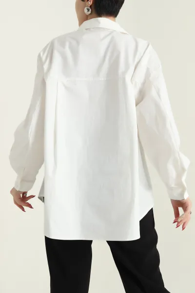 Beyaz Önü Yırtmaçlı Oversize Paper Kadın Gömlek 429893