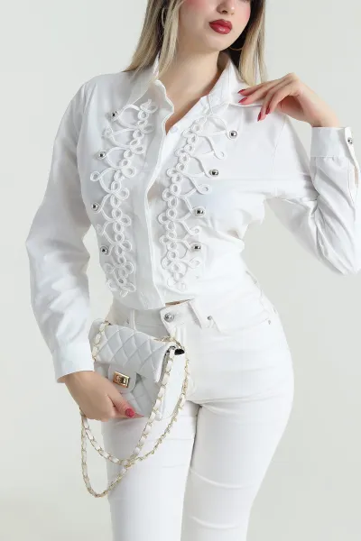 Beyaz Örgü Motifli Poplin Kadın Gömlek 492788