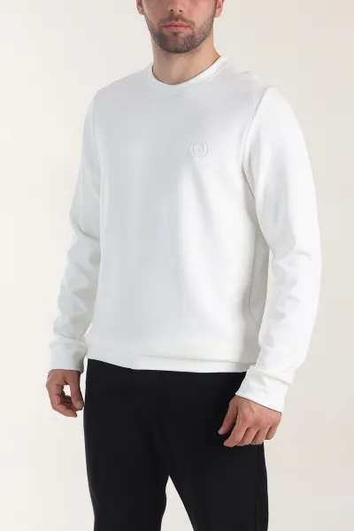 Beyaz Osyho Kumaş Bisiklet Yaka Erkek Sweatshirt 407681