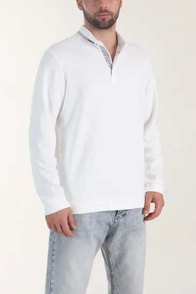 Beyaz Osyho Kumaş Çizgili Polo Yaka Erkek Sweatshirt 406061