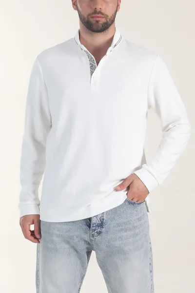 Beyaz Osyho Kumaş Çizgili Polo Yaka Erkek Sweatshirt 406061