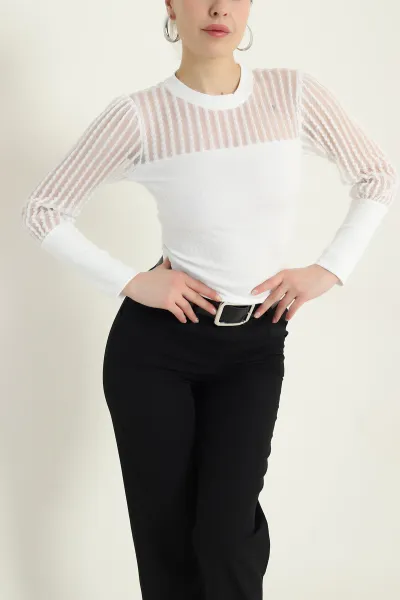 Beyaz Ottoman Likralı Kadın Bluz 437348