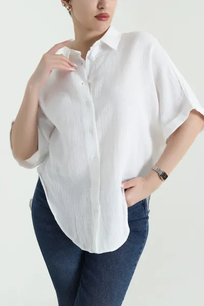 Beyaz Oval Kesim Oversize Müslin Keten Kadın Gömlek 447003