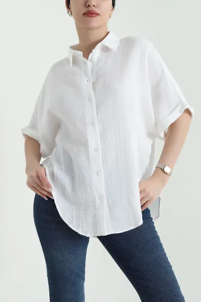 Beyaz Oval Kesim Oversize Müslin Keten Kadın Gömlek 447003