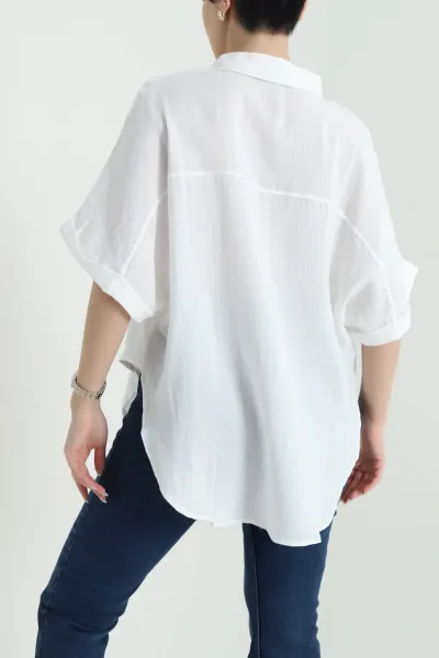 Beyaz Oval Kesim Oversize Müslin Keten Kadın Gömlek 447003