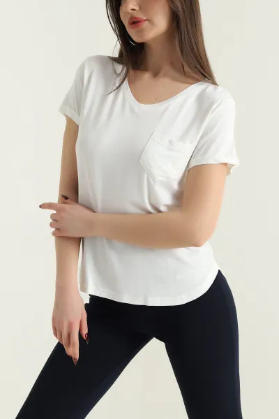 Beyaz Oval Kesim Viskon V Yaka Kadın Tişört 430191