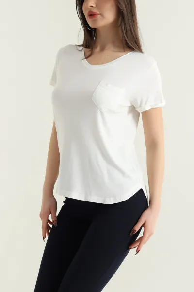 Beyaz Oval Kesim Viskon V Yaka Kadın Tişört 430191