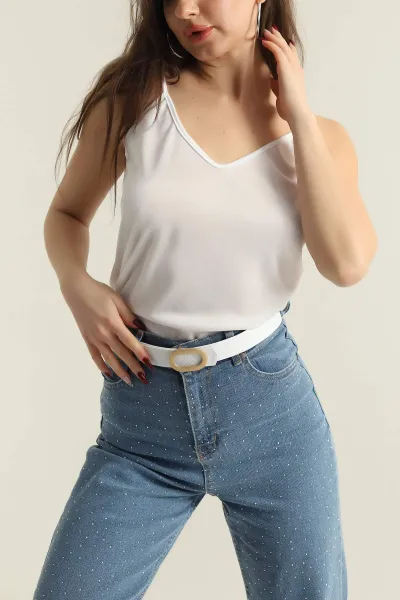 Beyaz Oval Toka Detaylı Kadın Kemer 421454