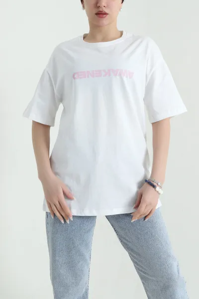 Beyaz Oversize Baskılı Süprem Kadın Tişört 448072