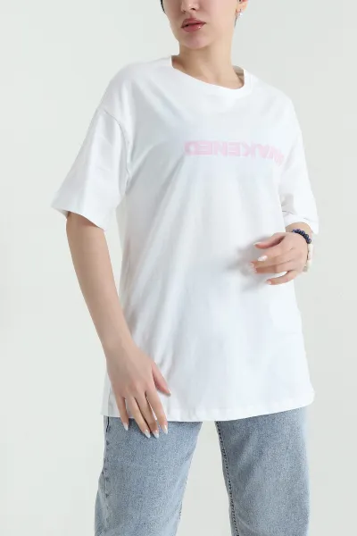 Beyaz Oversize Baskılı Süprem Kadın Tişört 448072