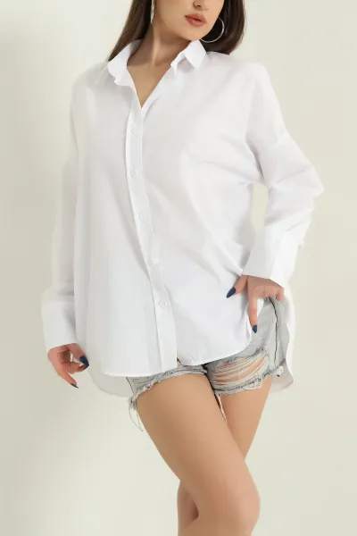 Beyaz Oversize Bayan Poplin Gömlek 337011